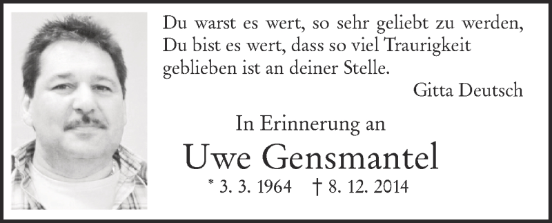  Traueranzeige für Uwe Gensmantel vom 08.12.2020 aus NWZ Neue Württembergische Zeitung