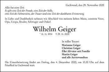 Traueranzeige von Wilhelm Geiger von Rundschau Gaildorf