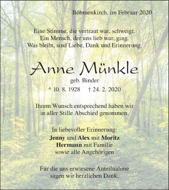 Traueranzeige von Anne Münkle von Geislinger Zeitung