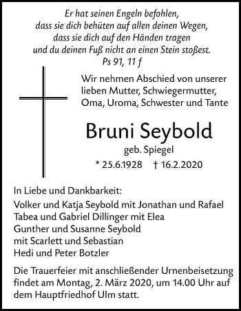 Traueranzeige von Bruni Seybold von SÜDWEST PRESSE Ausgabe Ulm/Neu-Ulm