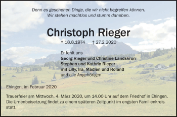 Traueranzeige von Christoph Rieger von Ehinger Tagblatt
