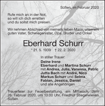 Traueranzeige von Eberhard Schurr von NWZ Neue Württembergische Zeitung