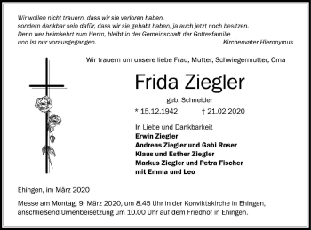 Traueranzeige von Frida Ziegler von Ehinger Tagblatt