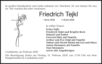 Traueranzeige von Friedrich Tejkl von Hohenloher Tagblatt