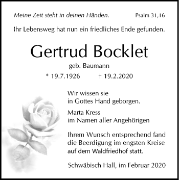 Traueranzeige von Gertrud Bocklet von Haller Tagblatt