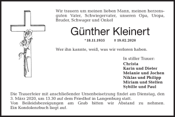 Traueranzeige von Günther Kleinert von Hohenloher Tagblatt