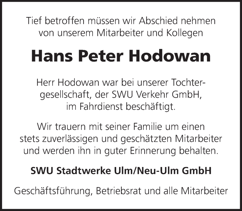  Traueranzeige für Hans Peter Hodowan vom 19.02.2020 aus SÜDWEST PRESSE Ausgabe Ulm/Neu-Ulm