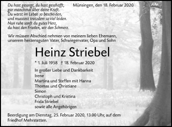 Traueranzeige von Heinz Striebel von Alb-Bote/Metzinger-Uracher Volksblatt