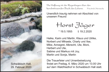 Traueranzeige von Horst Jäger von Haller Tagblatt
