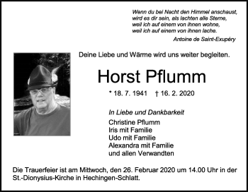 Traueranzeige von Horst Pflumm von Hohenzollerische Zeitung