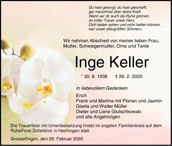Traueranzeige von Inge Keller von Hohenzollerische Zeitung