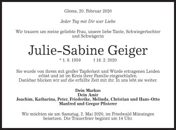 Traueranzeige von Julie-Sabine Geiger von Metzinger-Uracher Volksblatt