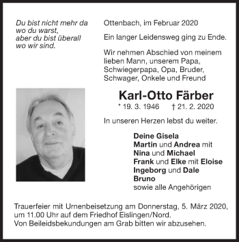 Traueranzeige von Karl-Otto Färber von NWZ Neue Württembergische Zeitung