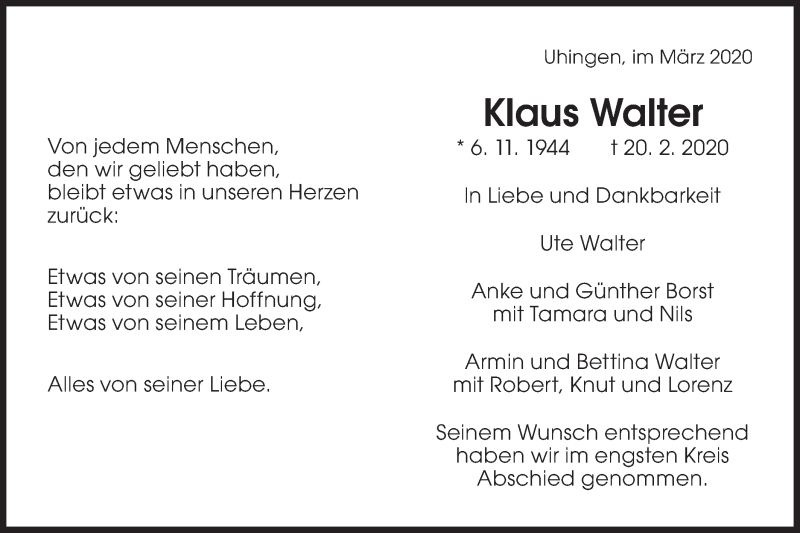  Traueranzeige für Klaus Walter vom 03.03.2020 aus NWZ Neue Württembergische Zeitung