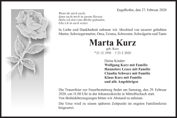 Traueranzeige von Marta Kurz von Haller Tagblatt