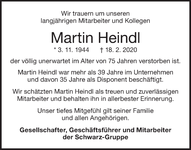  Traueranzeige für Martin Heindl vom 25.02.2020 aus NWZ Neue Württembergische Zeitung