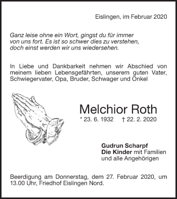 Traueranzeige von Melchior Roth von NWZ Neue Württembergische Zeitung
