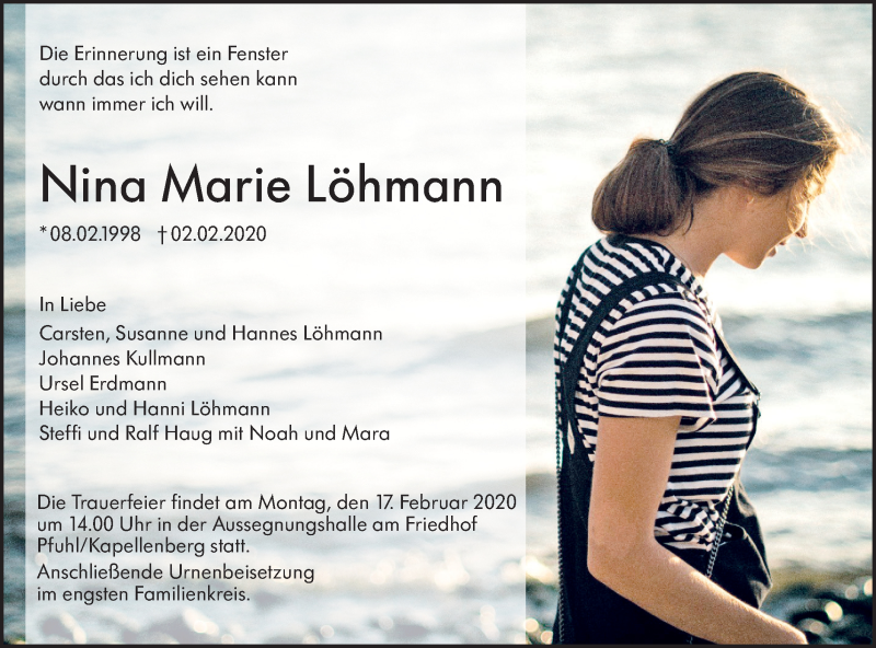  Traueranzeige für Nina Marie Löhmann vom 08.02.2020 aus SÜDWEST PRESSE Ausgabe Ulm/Neu-Ulm