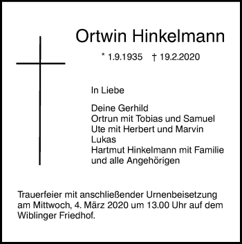 Traueranzeige von Ortwin Hinkelmann von SÜDWEST PRESSE Ausgabe Ulm/Neu-Ulm