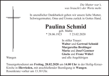 Traueranzeige von Paulina Schmid von SÜDWEST PRESSE Ausgabe Ulm/Neu-Ulm