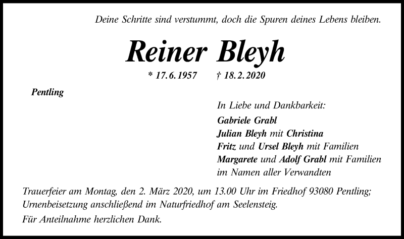  Traueranzeige für Reiner Bleyh vom 22.02.2020 aus Metzinger-Uracher Volksblatt