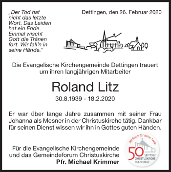 Traueranzeige von Roland Litz von Metzinger-Uracher Volksblatt