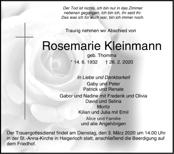 Traueranzeige von Rosemarie Kleinmann von Hohenzollerische Zeitung