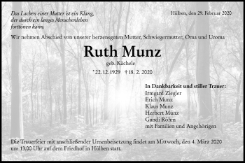 Traueranzeige von Ruth Munz von Metzinger-Uracher Volksblatt