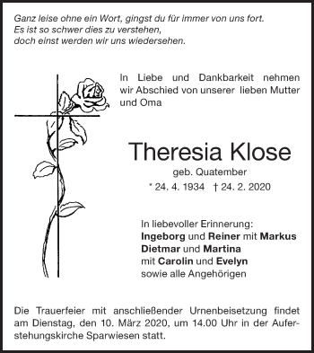 Traueranzeige von Theresia Klose von NWZ Neue Württembergische Zeitung