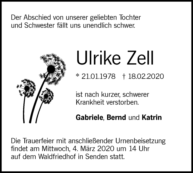  Traueranzeige für Ulrike Zell vom 26.02.2020 aus SÜDWEST PRESSE Ausgabe Ulm/Neu-Ulm