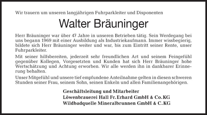  Traueranzeige für Walter Bräuninger vom 25.02.2020 aus Haller Tagblatt