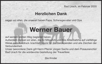 Traueranzeige von Werner Bauer von Metzinger-Uracher Volksblatt