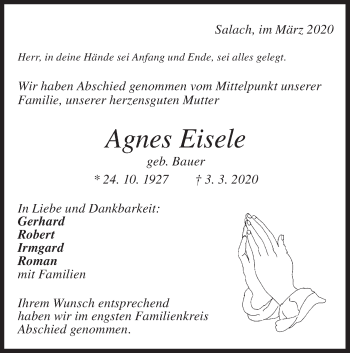 Traueranzeige von Agnes Eisele von NWZ Neue Württembergische Zeitung