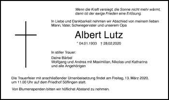 Traueranzeige von Albert Lutz von SÜDWEST PRESSE Ausgabe Ulm/Neu-Ulm