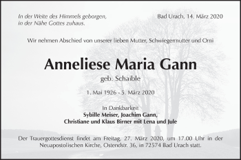 Traueranzeige von Anneliese Maria Gann von Metzinger-Uracher Volksblatt