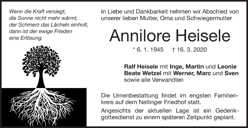  Traueranzeige für Annilore Heisele vom 21.03.2020 aus SÜDWEST PRESSE Ausgabe Ulm/Neu-Ulm