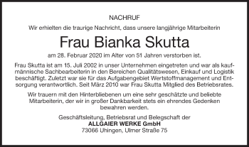 Traueranzeige von Bianka Skutta von NWZ Neue Württembergische Zeitung