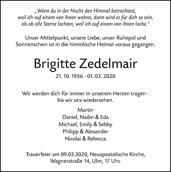 Traueranzeige von Brigitte Zedelmair von SÜDWEST PRESSE Ausgabe Ulm/Neu-Ulm