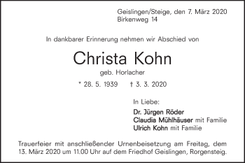 Traueranzeige von Christa Kohn von Geislinger Zeitung