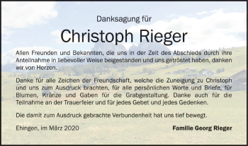 Traueranzeige von Christoph Rieger von Ehinger Tagblatt