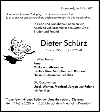 Traueranzeige von Dieter Schürz von NWZ Neue Württembergische Zeitung