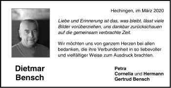Traueranzeige von Dietmar Bensch von Hohenzollerische Zeitung