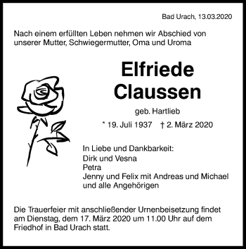 Traueranzeige von Elfriede Claussen von Metzinger-Uracher Volksblatt