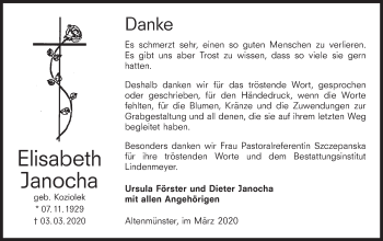 Traueranzeige von Elisabeth Janocha von Hohenloher Tagblatt