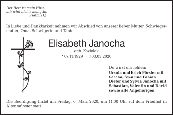Traueranzeige von Elisabeth Janocha von Hohenloher Tagblatt
