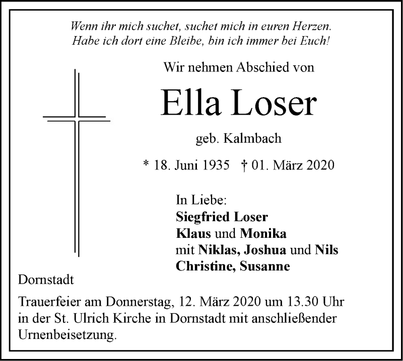  Traueranzeige für Ella Loser vom 07.03.2020 aus SÜDWEST PRESSE Ausgabe Ulm/Neu-Ulm
