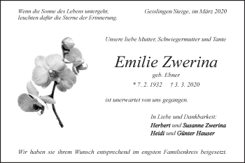 Traueranzeige von Emilie Zwerina von Geislinger Zeitung