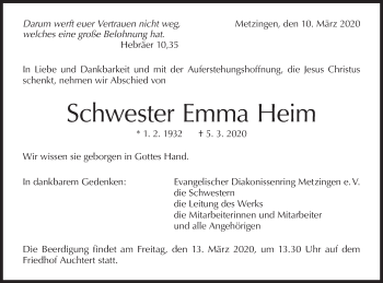 Traueranzeige von Emma Heim von Metzinger-Uracher Volksblatt
