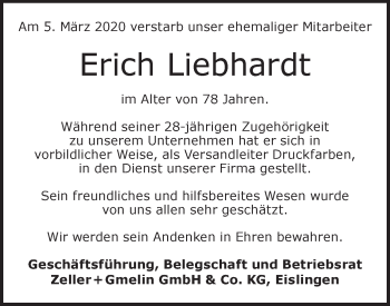 Traueranzeige von Erich Liebhardt von NWZ Neue Württembergische Zeitung