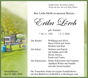 Traueranzeige von Erika Lörch von Hohenzollerische Zeitung